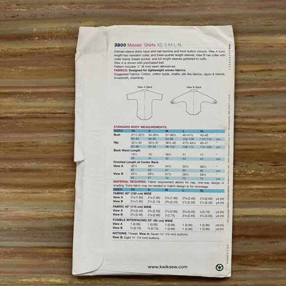 UNCUT Sewing Pattern Kwik Sew 3800 Misses Dolman Button Shirt Top Blouse XS-XL - Picture 2 of 2
